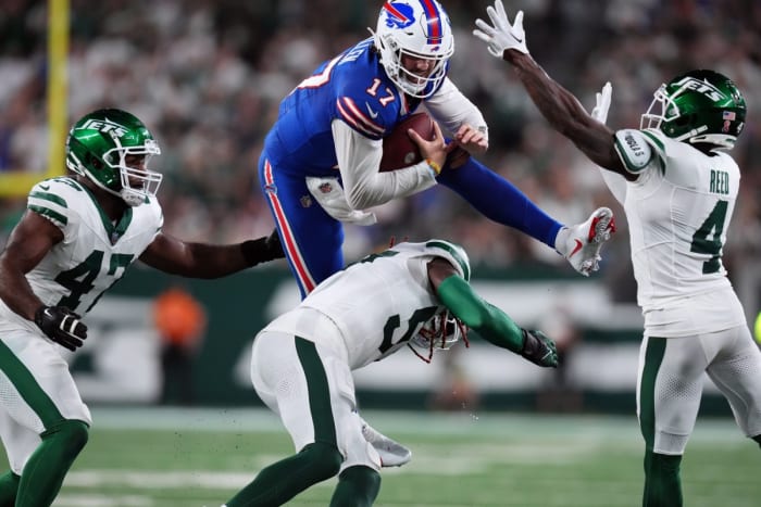 Bills quarterback Josh Allen threw three interceptions and fumbled against the Jets on Monday night in Week 1.